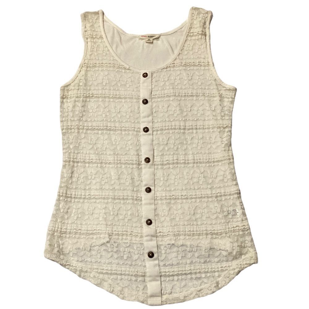 Zenana Outfitters Lace Mesh Sheer Faux Button Off White Tank Top